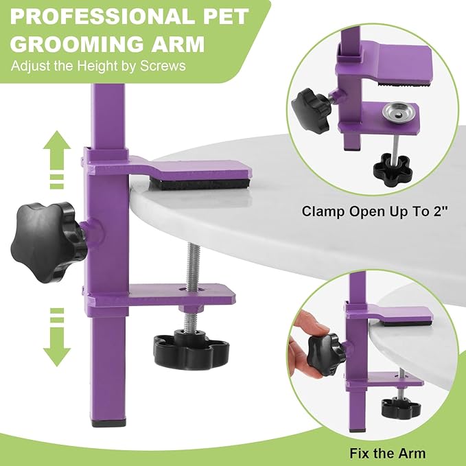 Home Dog Grooming Table Arm with Hammock 35" Height Adjustable Dog Grooming Arm with Clamp No-Sit Haunch Holders Durable Purple(Grooming Table Not Included)