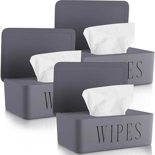 Singhoow 3 Pack Baby Wipes Dispenser Holder Wipe Container for Bathroom with Lid Toilet Tissue Paper Storage Refillable Box for Home Office Cars(Small,Gray)
