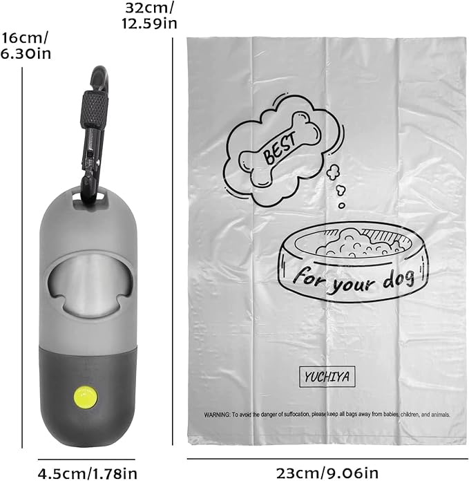 Dog Poop Waste Bags Holder with LED Flashlight|Cute Doggie Poo Bags Dispenser for Pet Leash|Trash Waste Bags Carrier with Potty Clip Fastener LR44 Button Cells Included (Grey, 1 Holder 195 Bags)