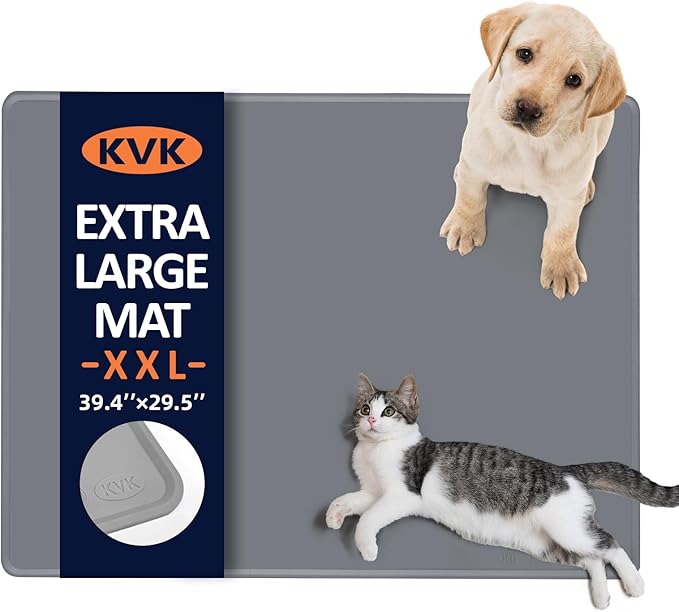 Dog Food Mat, 39.4×29.5in Extra Large Silicone Pet Feeding Mat - Waterproof, Non - Slip, Chew - Resistant for Food & Water, Protect Floors (Light Gray)