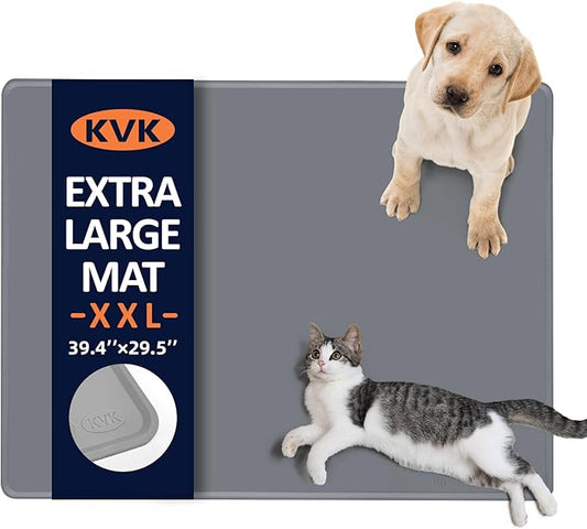 Dog Food Mat, 39.4×29.5in Extra Large Silicone Pet Feeding Mat - Waterproof, Non - Slip, Chew - Resistant for Food & Water, Protect Floors (Light Gray)