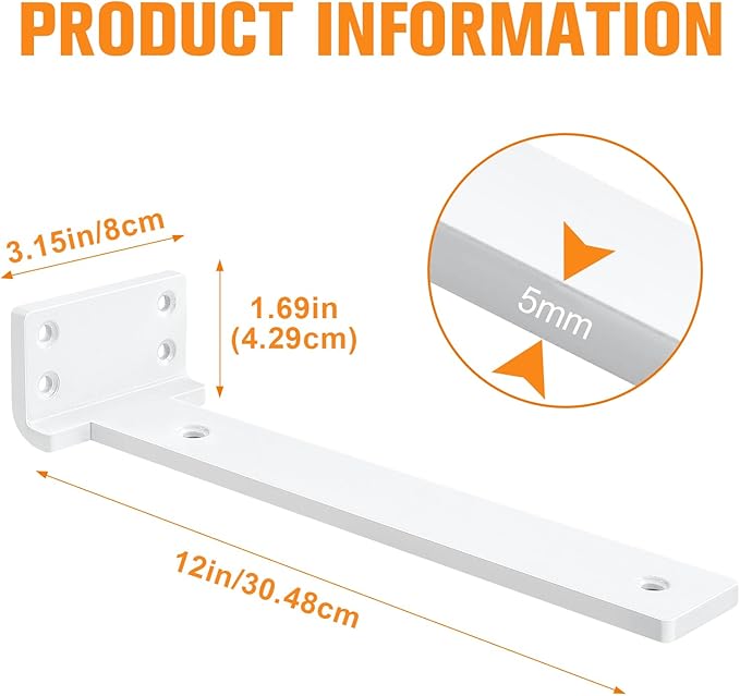 Floating Shelf Brackets 12 inch 6 Pack L Brackets for Shelves White Metal Heavy Duty Shelf Bracket for DIY Decorative with Mounting Hardware