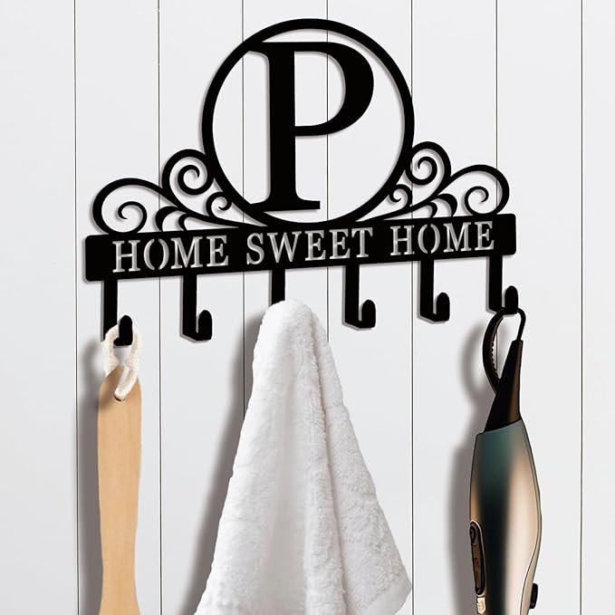 Metal Letter P Key Holder for Wall, Monogram Coat Rack Wall Mount, Key Hooks Perfect for Bathroom, Living Room, Kitchen, Office Ideal Wedding, Anniversary, Housewarming Gift (P)