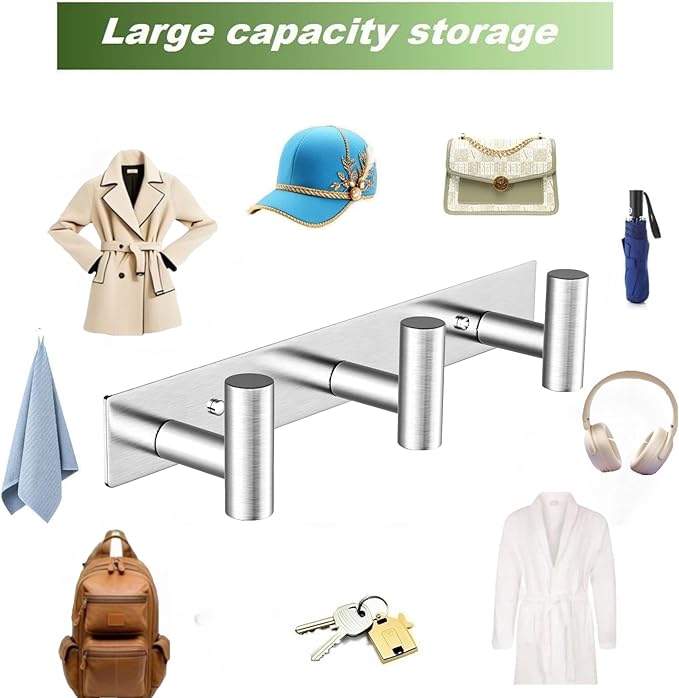 VINHOLD Wall Mounted Coat Rack-3 Hooks, Heavy Duty Stainless Steel Wall Hooks for Towel Coat Bag, Hat Rack Coat Hanger Coat Hooks Towel Racks for Bathroom Entryway Kitchen Office (Silver, 1 Pack)