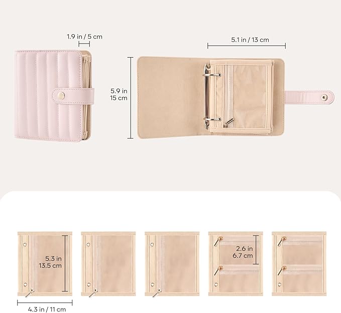 Lolalet Travel Jewelry Organizer Case, Portable Jewlery Storage Book Portfolio Binder with Zipper Velvet Pouch for Women -Pink, Small