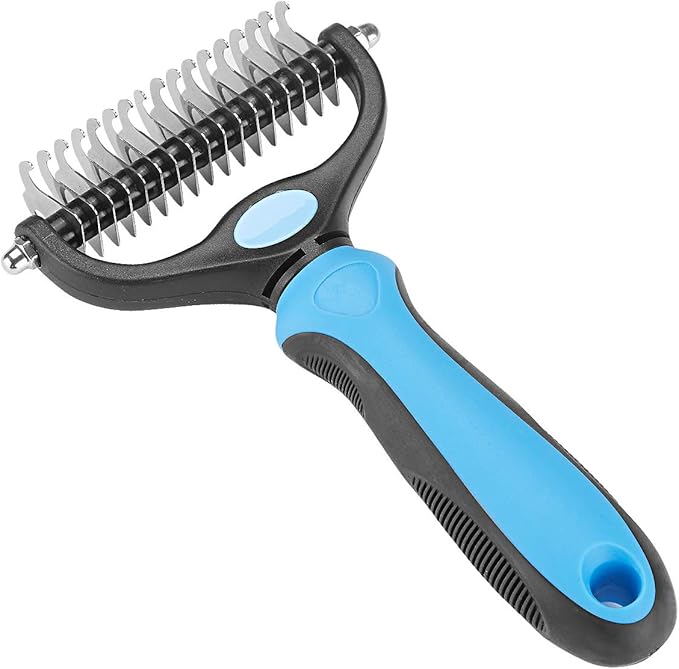 XLCL pet Pet Grooming Tool - 2 Sided Undercoat Rake for Cats and Dogs - Safe Dematting Comb for Easy Mats & Tangles Removing - No More Nasty Shedding and Flying Hair blue