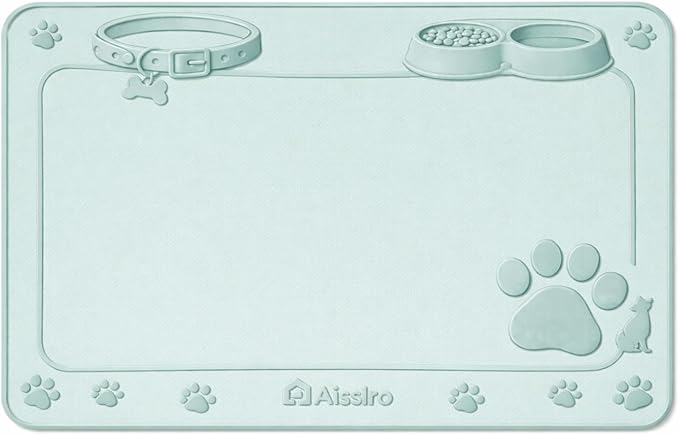 Aisslro Pet Feeding Mat, 31”x21” Absorbent Pet Placemat for Food and Water Bowl, Non-Slip Silicone, Leak-Proof Floor Protection for Quick Dry Water Dispenser Mat for Dog and Cat, Aquamarine