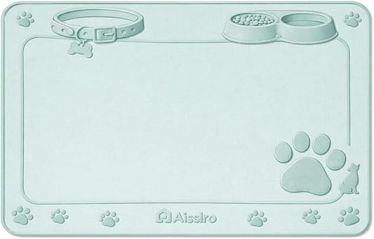 Aisslro Pet Feeding Mat, 31”x21” Absorbent Pet Placemat for Food and Water Bowl, Non-Slip Silicone, Leak-Proof Floor Protection for Quick Dry Water Dispenser Mat for Dog and Cat, Aquamarine