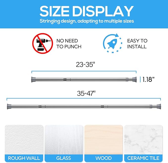 2pack Spring Tension Rods 23-46 Inch Adjustable Silver Tension Rod Extendable Short Curtain Rod Spring Loaded Curtain Rods Tension Rod For Curtains,Closet,Kitchen