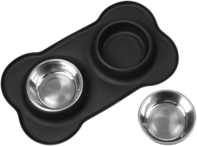 Dog Bowls with Mat, Cat Water Food Bowl Set (13.5oz Each) in No Spill Silicone Mat, Dual Pet Feeder Bowl for Puppy, Cats, Small Medium Dogs (Bone Shape, Black)