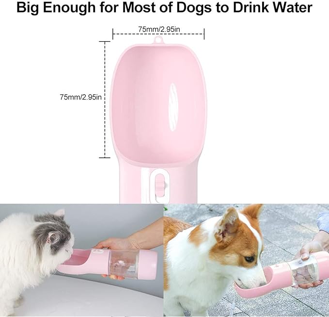 Misthis Portable Dog Water Bottle - Leak Proof Dog Water Dispenser with Bowl & Food Container, Dishwasher Safe Food Grade Plastic for Pet Puppy Outdoor Walking Hiking Travel Pink