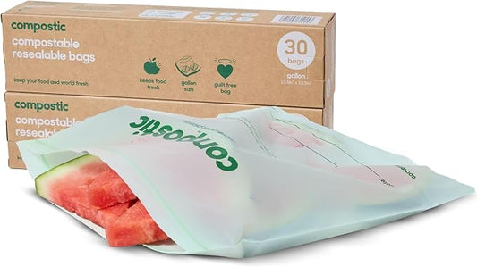 Compostic Home Compostable Resealable Gallon Bags, Microwave & Freezer Safe, Organic Food Storage Container, 60 Count