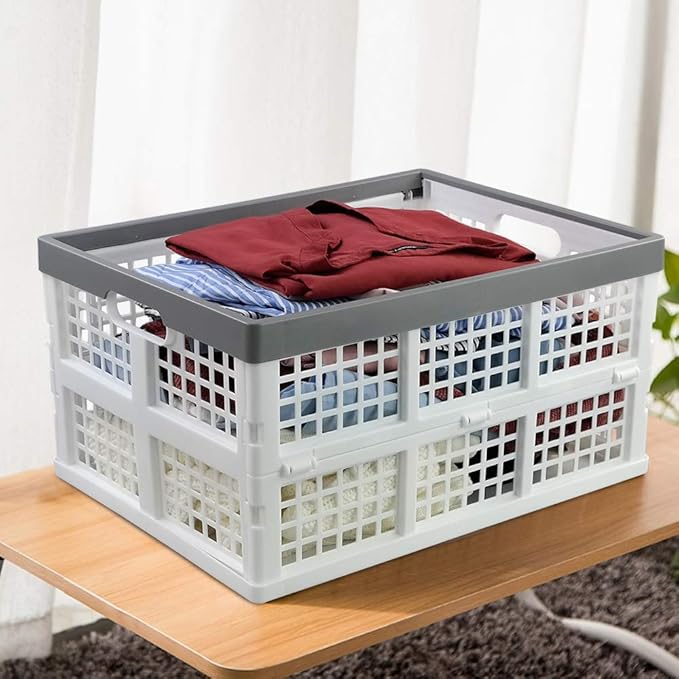 Waikhomes 30 L Foldable Crate Basket, Set of 3 Plastic Stackable Box for Storage (White)