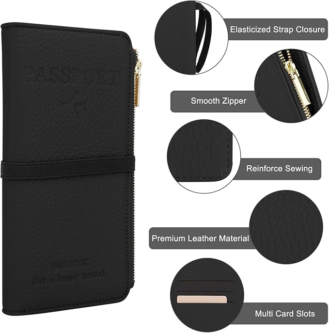 DOB SECHS Leather Passport Holder, RFID Blocking Passport Wallet Credit Cards Case for Women, Travel Accessories Organizer Pouch Bag with ID Window+Zippered Cash Pocket+SIM Slots, Red