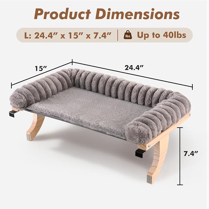 valigogo Cloud-Soft Cat Window Sill Perch with Zipper Designed Cushioned Bed, Supportive Cat Window Seat with Premium Solid Wood & Sturdy Metal Frame, Pet Hammock Bed for Large Cats (Large, Gray)