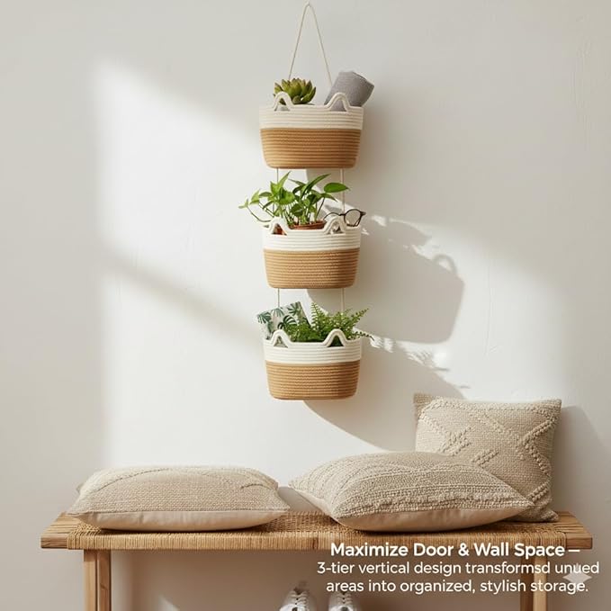 Wall Hanging Baskets, 3-Tier Cotton Over Door Organizer, Decorative Hanging Wall Basket for Wall, Door, Nursery, Living Room, Bathroom, Cat-Like Design Boho Decor, White & Jute