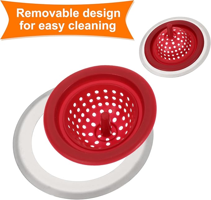 uxcell Silicone Sink Strainer, 2Pcs Kitchen Sink Drain Strainer Stopper with Detachable Stainless Steel Edge 4.4" Diameter Rim, Red