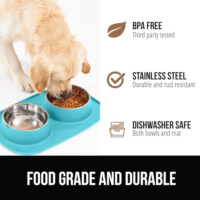 GORILLA GRIP Feeding Mat Set, 4 Cup, Patent Pending 100% Waterproof BPA Free Silicone, Stainless Steel Cat and Dog Bowls, Slip Resistant, Edges Catch Water Food, US Designed Pet Accessories, Turquoise