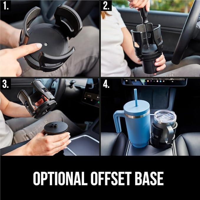 GORILLA GRIP Car Cup Holder Expander 2 Pack, Keeps Large Drink Cups Secure, Expander Fits Yeti, HydroFlask, Stanley 18 to 48oz Large Water Bottles, Coffee Mug, Adjustable Arms and Base Insert, Black
