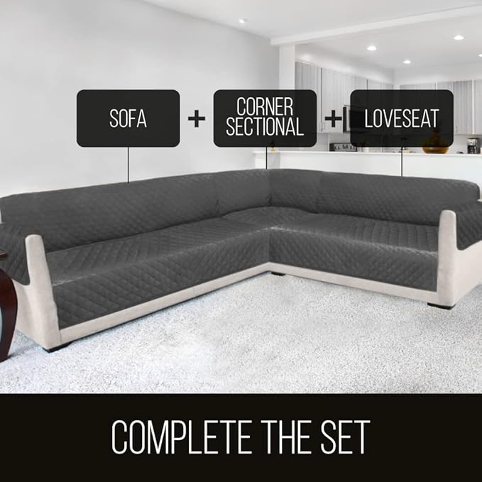 Sofa Shield Couch Sectional Covers for Dogs, Reversible Furniture Protector with Strap, Stain and Tear Resistant Cushion Cover, 30x30 inch Seat, Machine Washable Slipcover Pets, Cats, Black Gray
