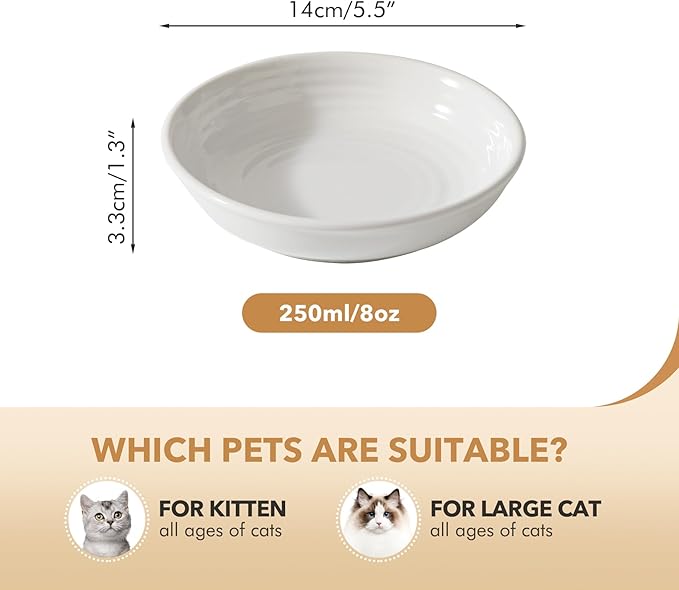 Ceramic Wide Whisker Friendly Cat Dishes, Set of 3 Ceramic Cat Bowls, Anti-Slip Indoor Kitten Feeding Food& Water Dish to Prevent Whisker Fatigue(3 Pcs, White)
