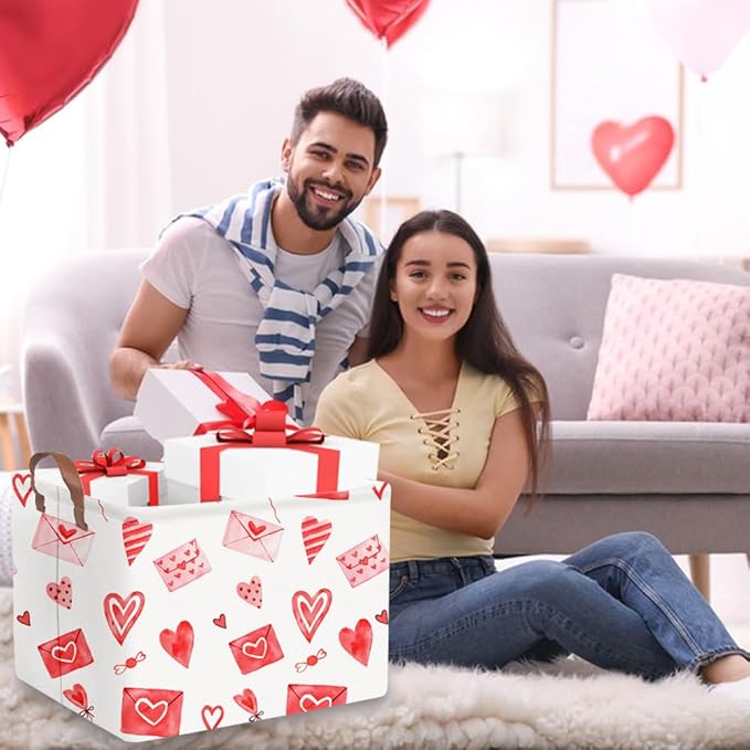 FXOCSHE Valentines basket,Pink Heart Basket,Collapsible waterproof nursery laundry basket,Pink girls gift baskets,Valentine's Day room decor(Envelope heart)
