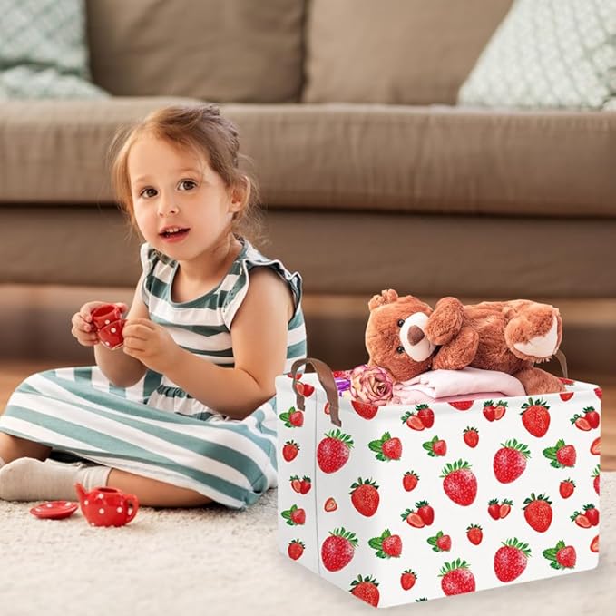 FXOCSHE Rectangular strawberry basket,Waterproof foldable storage box with handle,Gift basket,Baby Girl Baskets,Girl room decor,Books Box(Strawberry)
