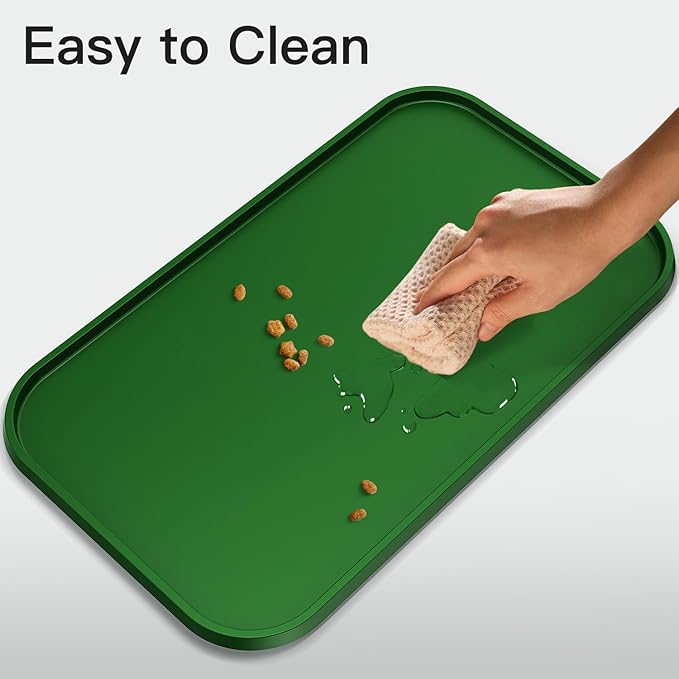 Pet Feeding Mat [Warped Resistant Raised Edge], Water-Proof Silicone Placement for Food Water Bowls, Anti-Slip Base Protect Floor, BPA-Free&Dishwasher-Safe [28.5x16.5inch XL, Green]