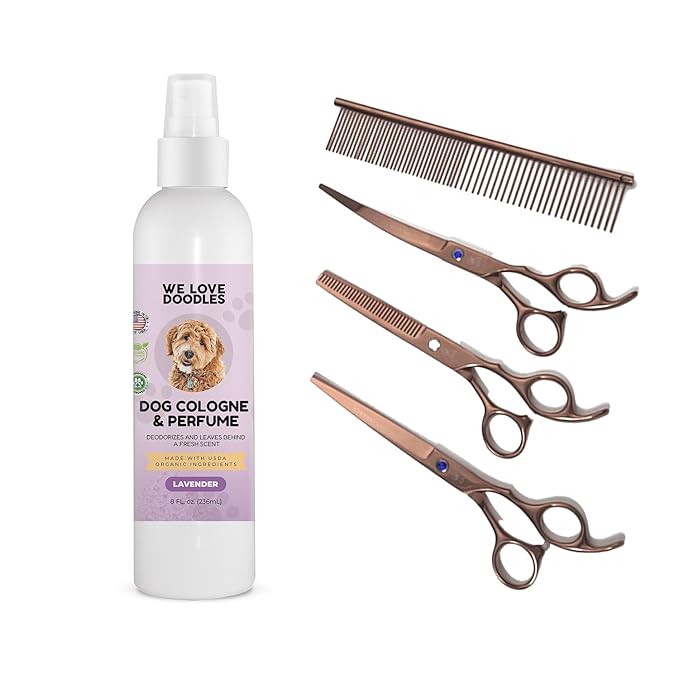 We Love Doodles Dog Cologne & Perfume (Lavender) and Dog Grooming Scissors Kit Bundle - Odor Eliminator Spray and Grooming Scissors Kit - Best Grooming Scissors For Goldendoodles - Made In USA
