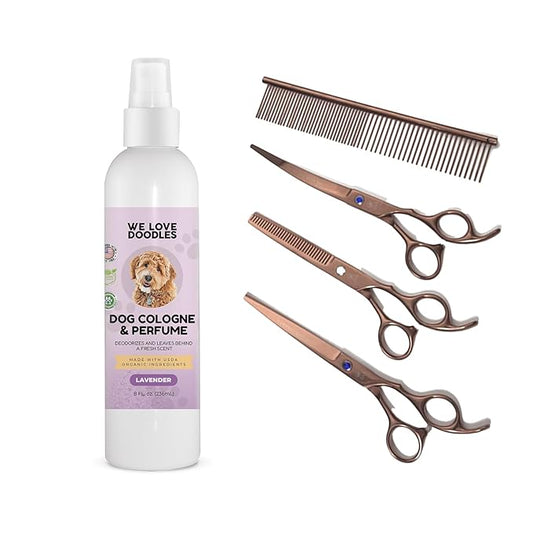 We Love Doodles Dog Cologne & Perfume (Lavender) and Dog Grooming Scissors Kit Bundle - Odor Eliminator Spray and Grooming Scissors Kit - Best Grooming Scissors For Goldendoodles - Made In USA