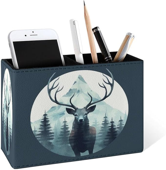 Famame Deer Head Trees Mountains Pencil Holder for Desk, Leather Desktop Container Pen Cup Storage Study Table Pen Organizer Makeup Brush Holder for Classroom Office Home
