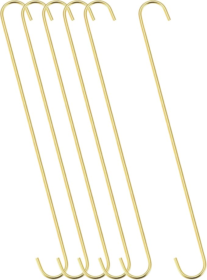uxcell S Hanging Hooks, 16inch/400mm Extra Long Steel Hanger, Indoor Outdoor Uses for Garden, Bathroom, Closet, Workshop, Kitchen, Gold Tone, 6Pcs