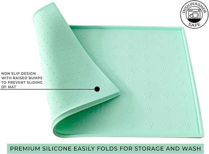 Humble Pet Food Mat Feeding Tray - Non-Slip, Anti-Spill, Raised Dog Food Bowl Mat, Easy Clean Waterproof - Premium Quality Silicone - Perfect for Dogs and Cats, 24"x16" (Cool Mint)