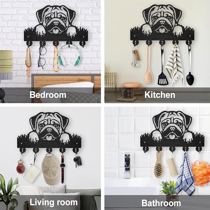 MAYJOYDIY Wood Pug Dog Coat Rack Dog Pet Key Holder for Wall 11.8×7.9inch Animal Wall Hook Rustic Decorative Dog Hook 5 Alloy Hooks for Gift Dog Leash Entryway Living Room Farmhouse
