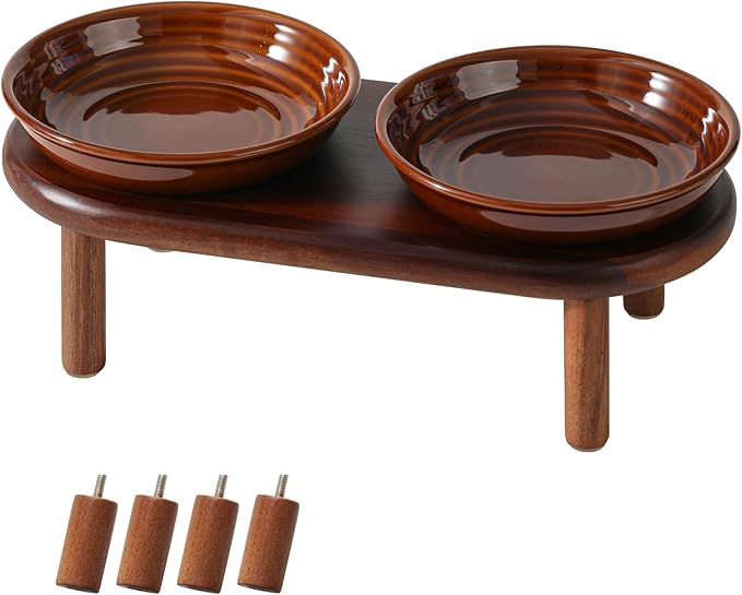 Elevated Ceramic Cat Dish, Wide Whisker Friendly Anti-Slip Food & Water Bowl with 2 Heights Adjustable Acacia Wooden Stand - Pet Bowl Set for Cats (2 Dishes +Stand, Caramel Brown)