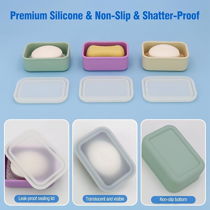 Enhanced Leak Proof Travel Soap Container, Compact Silicone Travel Soap Holder with Drainage Pad, Great for Camping, Gym and Business Trip (Purple)