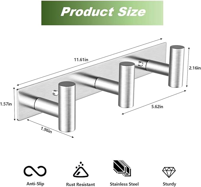VINHOLD Wall Mounted Coat Rack-3 Hooks, Heavy Duty Stainless Steel Wall Hooks for Towel Coat Bag, Hat Rack Coat Hanger Coat Hooks Towel Racks for Bathroom Entryway Kitchen Office (Silver, 1 Pack)