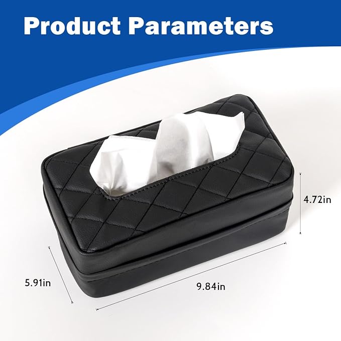 Car Tissue Holder, Standard Tissue Holder for Car Pu Leather Car Napkin Holder, Car Backseat Extra Large Tissue Organization Fit for 120-230 Tissues per Box 9.84'' x 4.72'' x 5.91'' (Black)