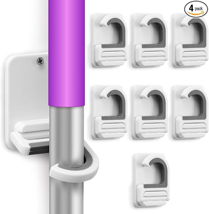 Broom and Mop Holder Wall Mount, Heavy Duty Screw Drilling Gripper Rack Supports up to 10 lb for Kitchen, Laundry Room, Garage, and Garden Storag (4, White)