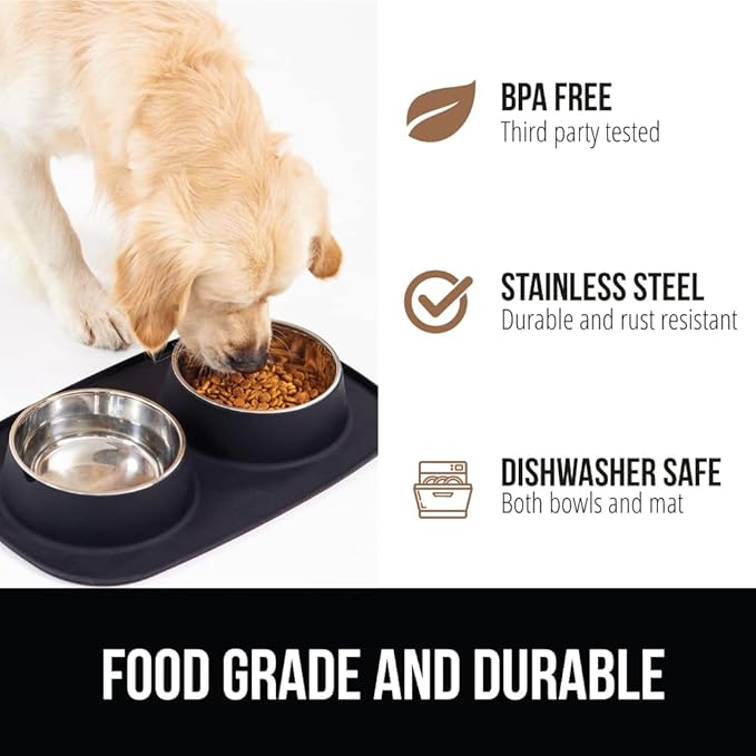 GORILLA GRIP Feeding Mat Set, 3 Cup, Patent Pending 100% Waterproof BPA Free Silicone, Stainless Steel Cat and Dog Bowls, Slip Resistant, High Edges Catch Water Food, US Designed Pet Accessories Black