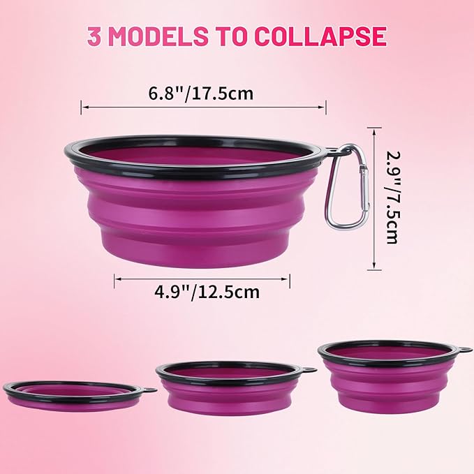 Dog Bowl Pet Collapsible Bowls, 2 Pack Collapsible Dog Water Bowls for Cats Dogs, Portable Pet Feeding Watering Dish for Walking Parking Traveling with 2 Carabiners (Large, Pink+Purple)