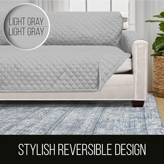 Sofa Shield Couch Slip Cover with Patented Strap, Cushion Protector, US Designed Reversible Stain and Dog Tear Resistant Slipcover, 62 inch Seat, Washable Covers for Dogs Pets, Light Gray