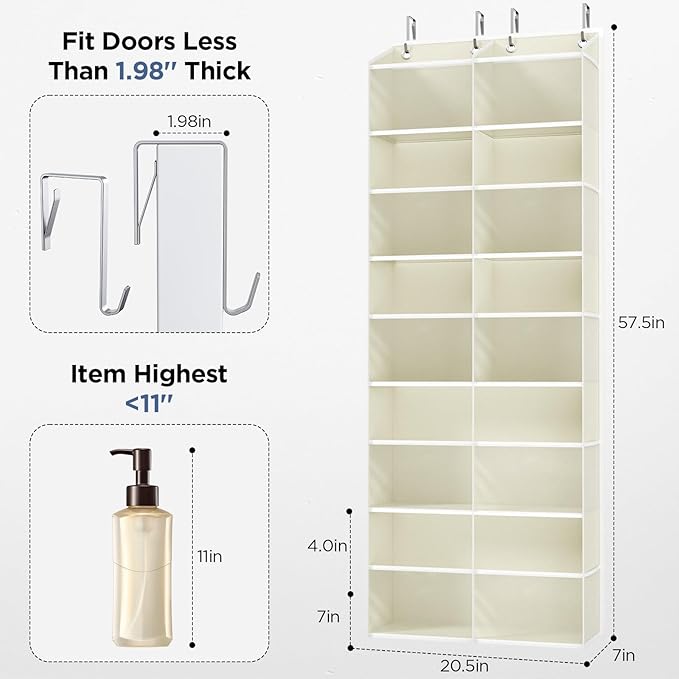 PureSpace 5-Tier Over The Door Organizer with 10 Side Mesh Pockets & Clear Windows, 80 lb Weight Capacity Hanging Storage for Bathroom, Bedroom, Nursery, Kitchen, Organize Toys (Clear Beige)