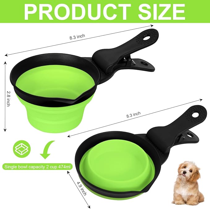 PNEUICALLY Collapsible Dog Food Scoop Foldable Pet Food Bag Clip 3 in 1 Multi-function Silicone Cat Food Measuring Cup Scoop Dog Food Scooper Pet Food Storage Clip (Green, 2 Cup Capacity(1 Pack))