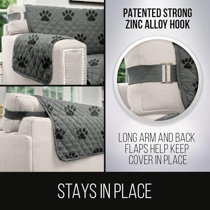 Sofa Shield Couch Slip Cover with Patented Strap, Cushion Protector, US Designed Reversible Stain and Dog Tear Resistant Slipcover, 62 inch Seat, Washable Covers for Dogs Pets, Paw Gray Black