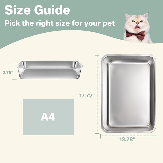 2 Pack Low Entry Stainless Steel Cat Litter Boxes, Metal Shallow Litter Box, Easy Access Kitty Litter Pan Tray, Easy Cleaning -17.72'' Lx 13.78'' W x 2.76'' H