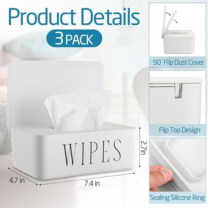 Singhoow 3 Pcs Large Baby Wipes Dispenser Refillable Wipe Holder with Lid Toilet Wipes Container for Bathroom Tissue Paper Storage Box for Home Office Cars (White,Small)
