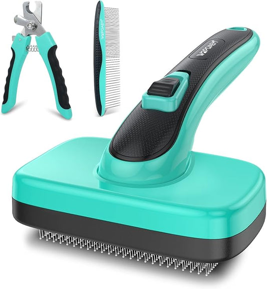 Dog Brush - 3 Pcs Self Cleaning Slicker Brush & Nail Clippers & Pet Comb for Dogs,Cats and Horses, Skin Friendly Deshedding Grooming Tool whit Short Long Haired Pets