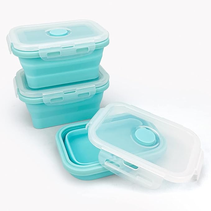 CCyanzi 3piece Collapsible Food Storage Containers with Lids, Silicone Lunch Container, Microwave & Freezer Safe, Space Saving for Kitchen Cabinet and Camping Backpack,(blue)