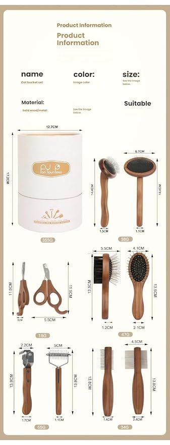 5-Piece Wooden Pet Grooming Kit for Cats & Dogs | Deshedding Brush, Dematting Comb, Massage Comb, Double-Sided Comb & Nail Clipper | Complete Detangling and Shedding Solution